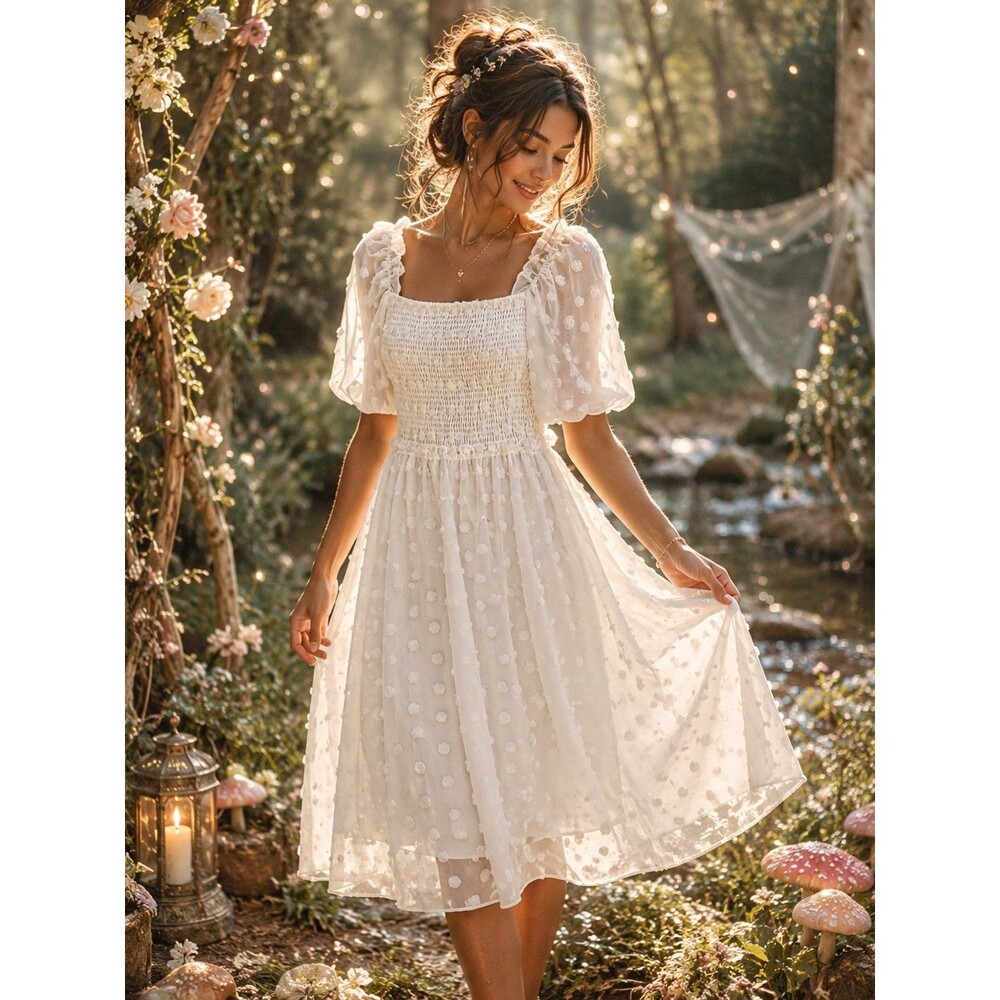 Escalier White Swiss Dot Smocked Dress Whimsical Fairy Cottagecore Boho sz L